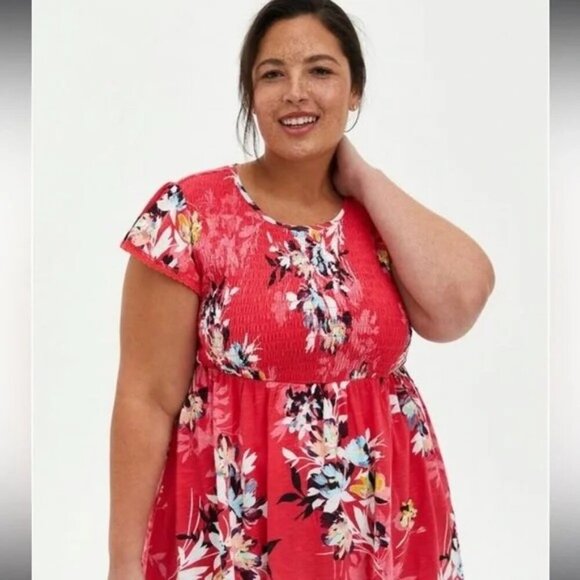 Torrid Pink Babydoll Cotton Crew Neck Smocked Bodice Top Size 2X - Picture 1 of 7